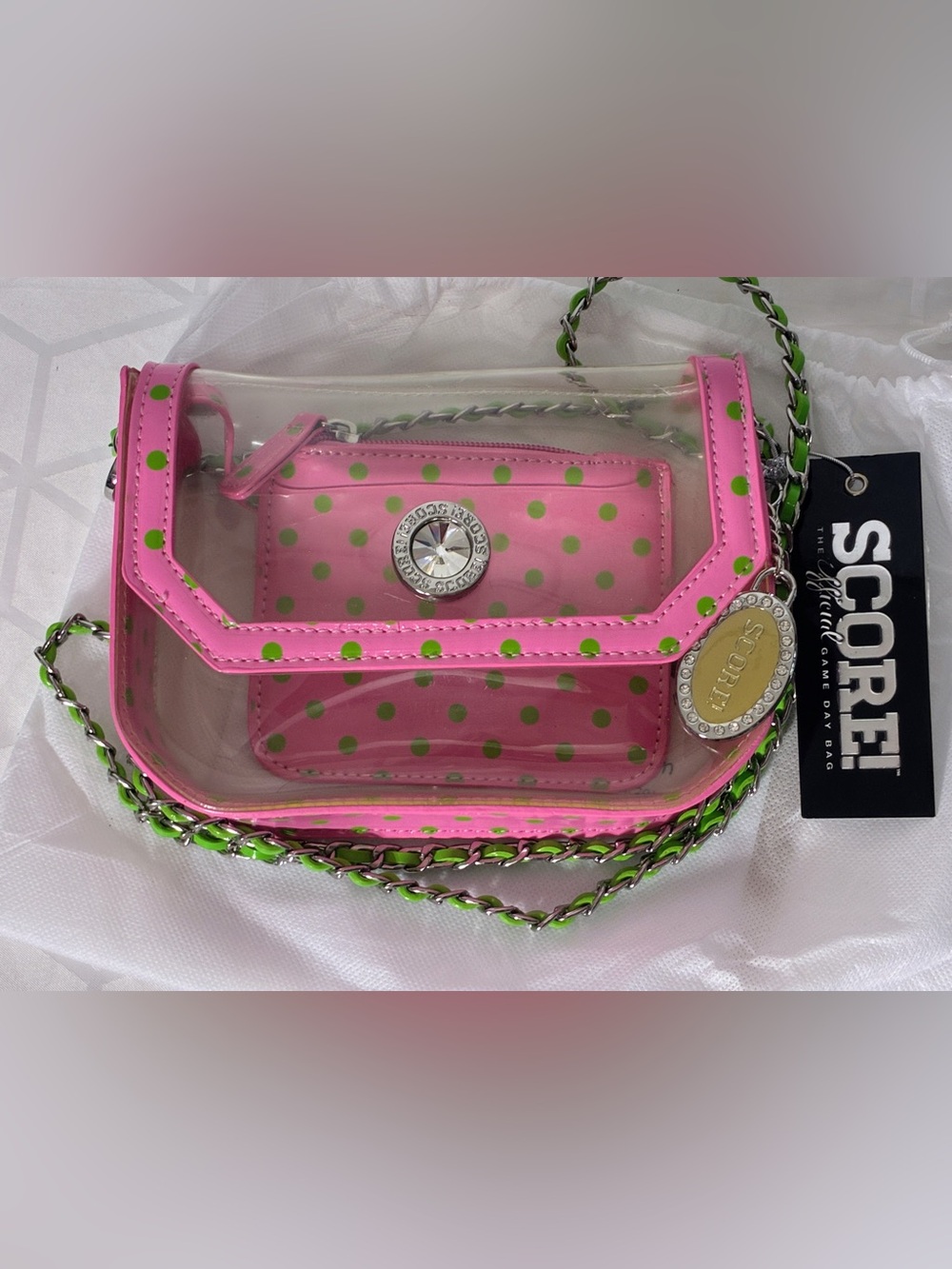 Score GameDay clear bag  polkadot NOS 2015 orig tags, dustbag, charm incl. pink